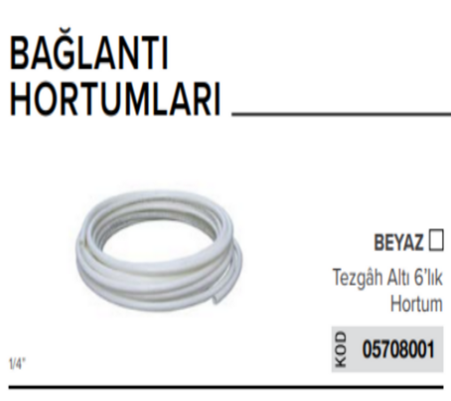 Tezgah Altı 6'lık 1/4'' Hortum 10 Metre olarak BEYAZ renkli 05708001