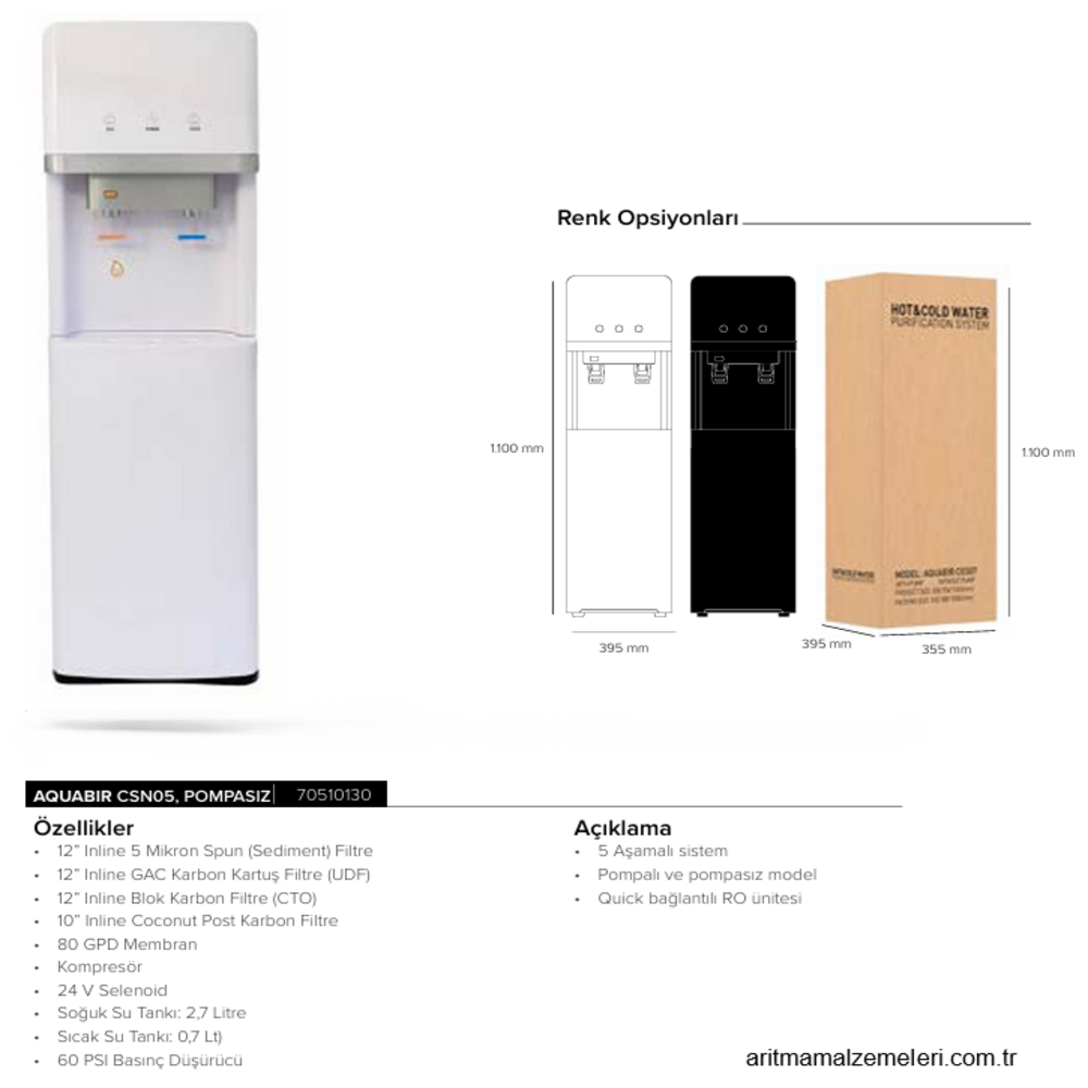 Aquabir CSN05 Pompasız Arıtmalı Sebil Soğuk-Sıcak Hazneli Cihaz     70510130