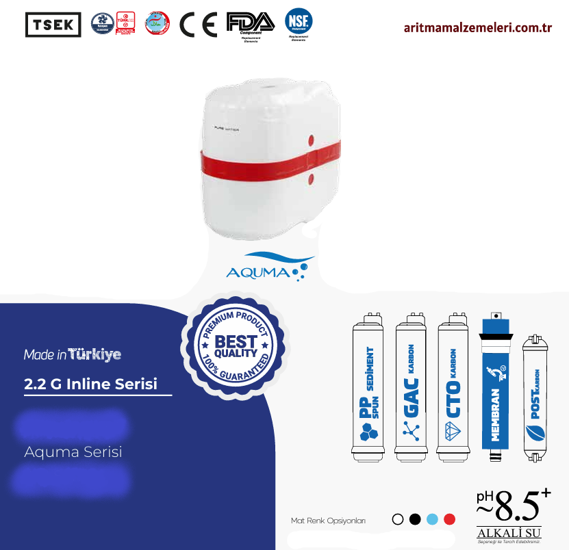 Aquaturk Aquma Serisi 8 Litre'lik (2.2 Galon) Mat Renkli Pompalı Su Arıtma Cihazı