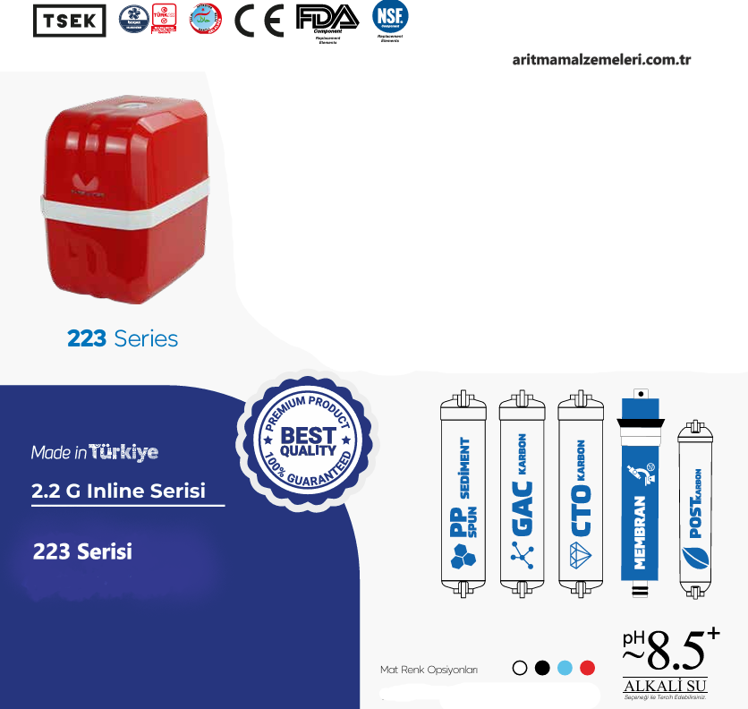 Aquaturk 223 Serisi 8 Litre'lik (2.2 Galon) Mat Renkli Pompalı Su Arıtma Cihazı