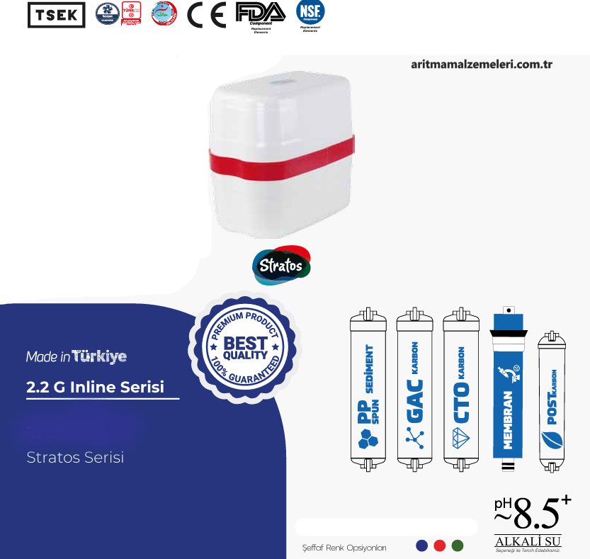 Aquaturk Stratos Serisi 8 Litre'lik (2.2 Galon) Şeffaf Renkli Pompasız Su Arıtma Cihazı