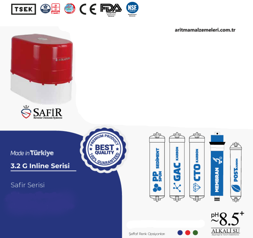 Aquaturk Safir Serisi 12 Litre'lik (3.2 Galon) Şeffaf Renkli Pompasız Su Arıtma Cihazı