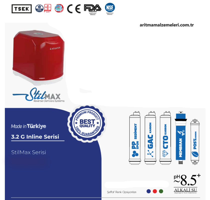 Aquaturk Stil Max Serisi 12 Litre'lik (3.2 Galon) Şeffaf Renkli Pompasız Su Arıtma Cihazı