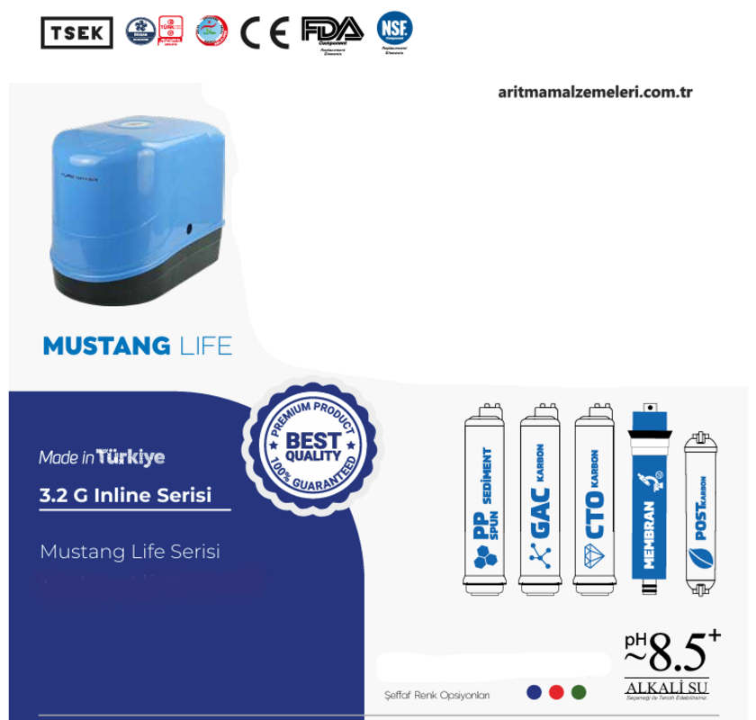 Aquaturk Mustang Life Serisi 12 Litre'lik (3.2 Galon) Şeffaf Renkli Pompasız Su Arıtma Cihazı