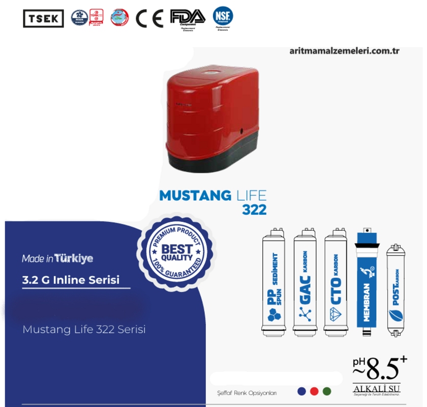 Aquaturk Mustang Life 322 Serisi 12 Litre'lik (3.2 Galon) Şeffaf Renkli Pompasız Su Arıtma Cihazı