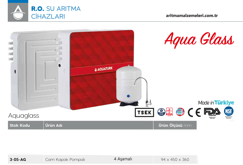 Aquaturk Aquaglass Serisi Yerli Marka Pompalı 4 Aşamalı 8 Litre Tanklı Cam Kapaklı Su Arıtma Cihazı