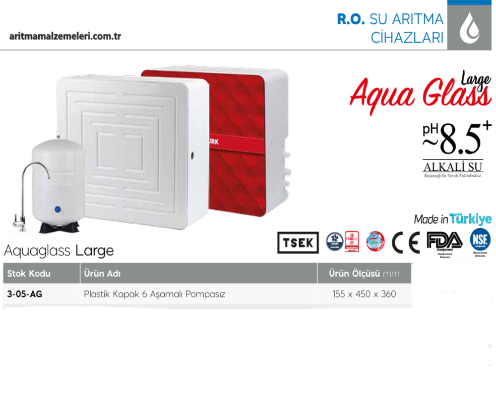Aquaturk Aquaglass Large Serisi Yerli Marka Pompasız 6 Aşamalı 8 Litre Tanklı Plastik Kapaklı Su Arıtma Cihazı