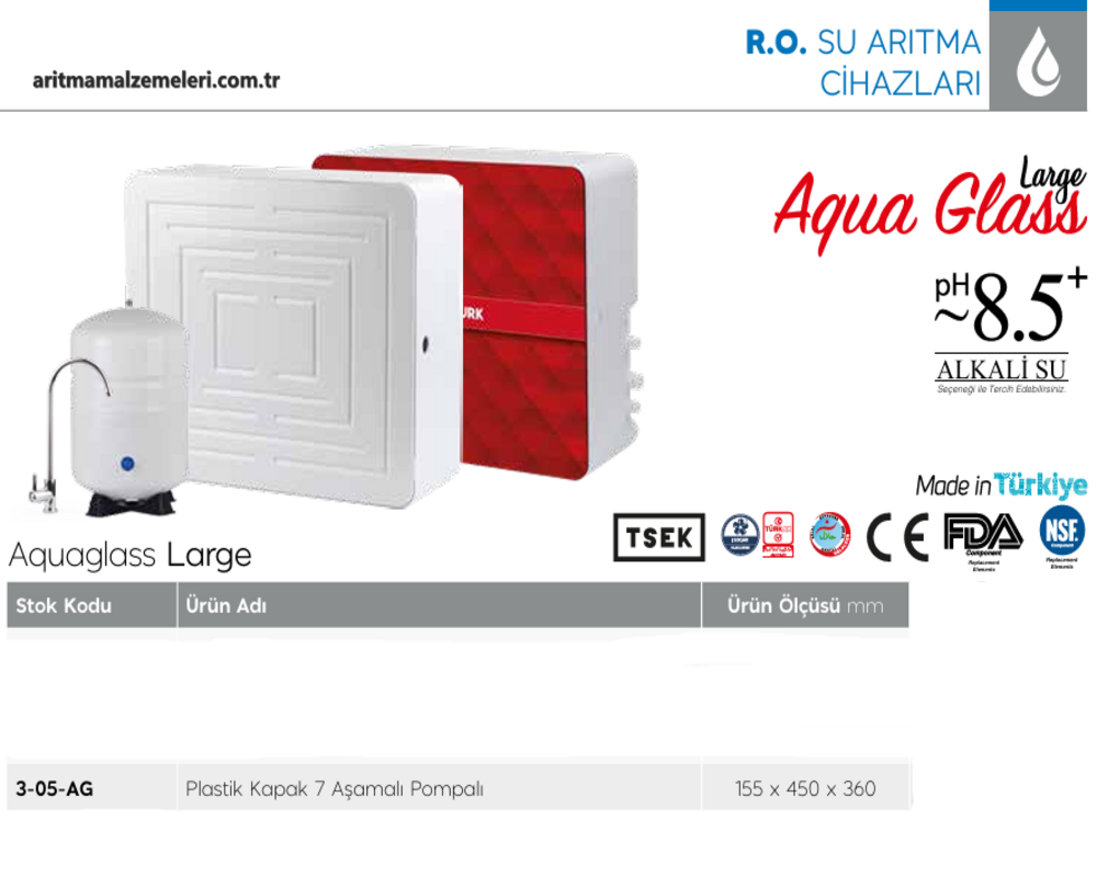 Aquaturk Aquaglass Large Serisi Yerli Marka Pompalı 7 Aşamalı 8 Litre Tanklı Plastik Kapaklı Su Arıtma Cihazı