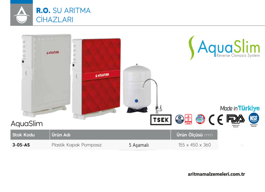 Aquaturk Aqua Slim Serisi Yerli Marka Pompasız 5 Aşamalı 8 Litre Tanklı Plastik Kapaklı Su Arıtma Cihazı
