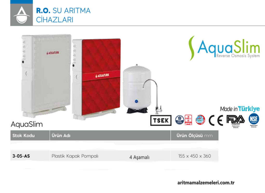 Aquaturk Aqua Slim Serisi Yerli Marka Pompalı 4 Aşamalı 8 Litre Tanklı Plastik Kapaklı Su Arıtma Cihazı