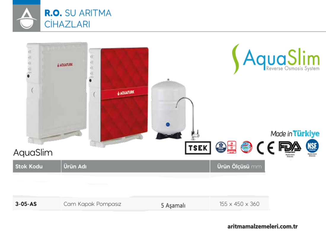 Aquaturk Aqua Slim Serisi Yerli Marka Pompasız 5 Aşamalı 8 Litre Tanklı Cam Kapaklı Su Arıtma Cihazı