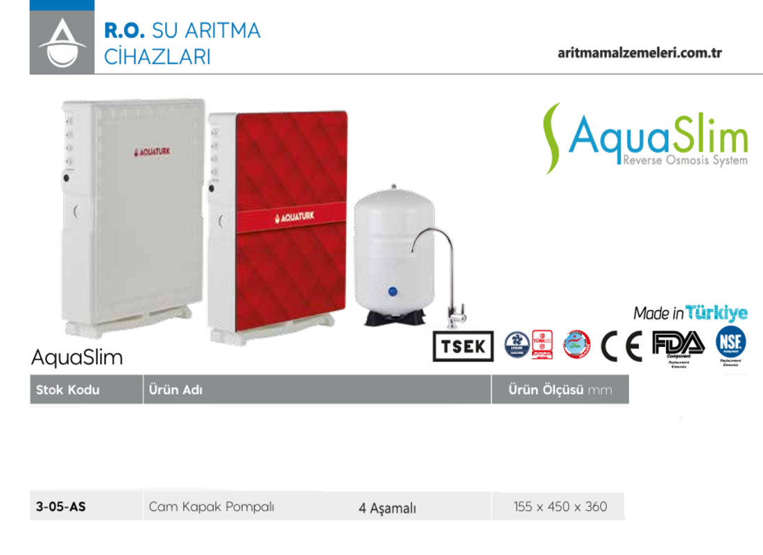 Aquaturk Aqua Slim Serisi Yerli Marka Pompalı 4 Aşamalı 8 Litre Tanklı Cam Kapaklı Su Arıtma Cihazı