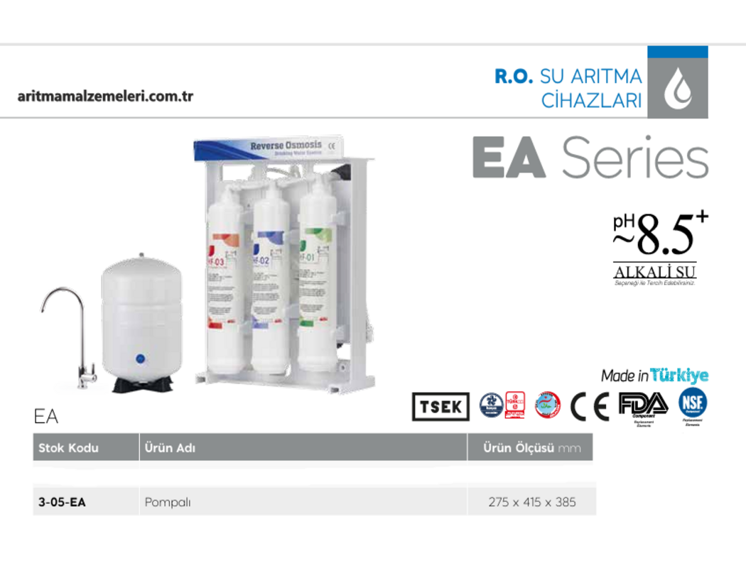 Aquaturk Reverse Osmosis EA Serisi Yerli Ürün Pompalı 5 Aşamalı 8 Litre Tanklı Su Arıtma Cihazı