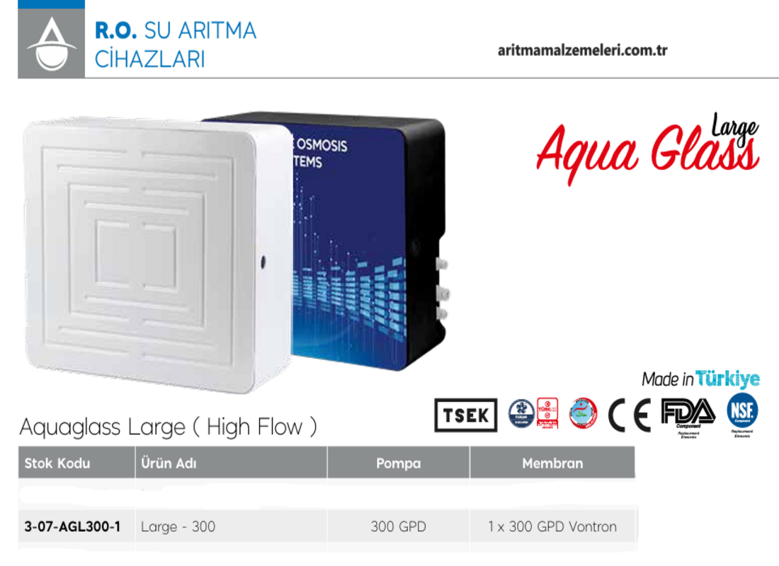 Aquaturk Aqua Glass Large 300-1 Gpd Pompalı 4 Aşamalı Direk Akış Su Arıtma Cihazı