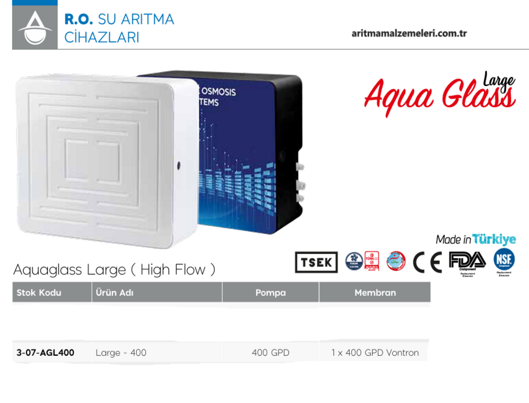 Aquaturk Aqua Glass Large 400 Gpd Pompalı 4 Aşamalı Direk Akış Su Arıtma Cihazı