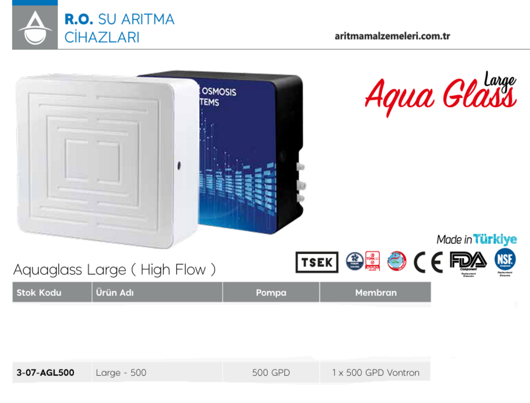 Aquaturk Aqua Glass Large 500 Gpd Pompalı 4 Aşamalı Direk Akış Su Arıtma Cihazı