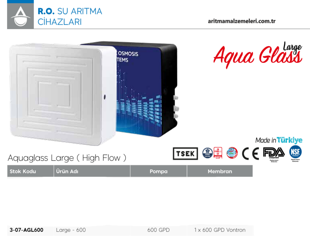 Aquaturk Aqua Glass Large 600 Gpd Pompalı 4 Aşamalı Direk Akış Su Arıtma Cihazı