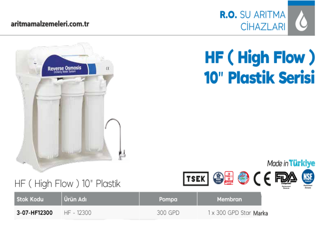 Aquaturk HF-12300  10'' Plastik Serisi 300 Gpd Pompalı 5 Aşanalı Direk Akış Su Arıtma Cihazı