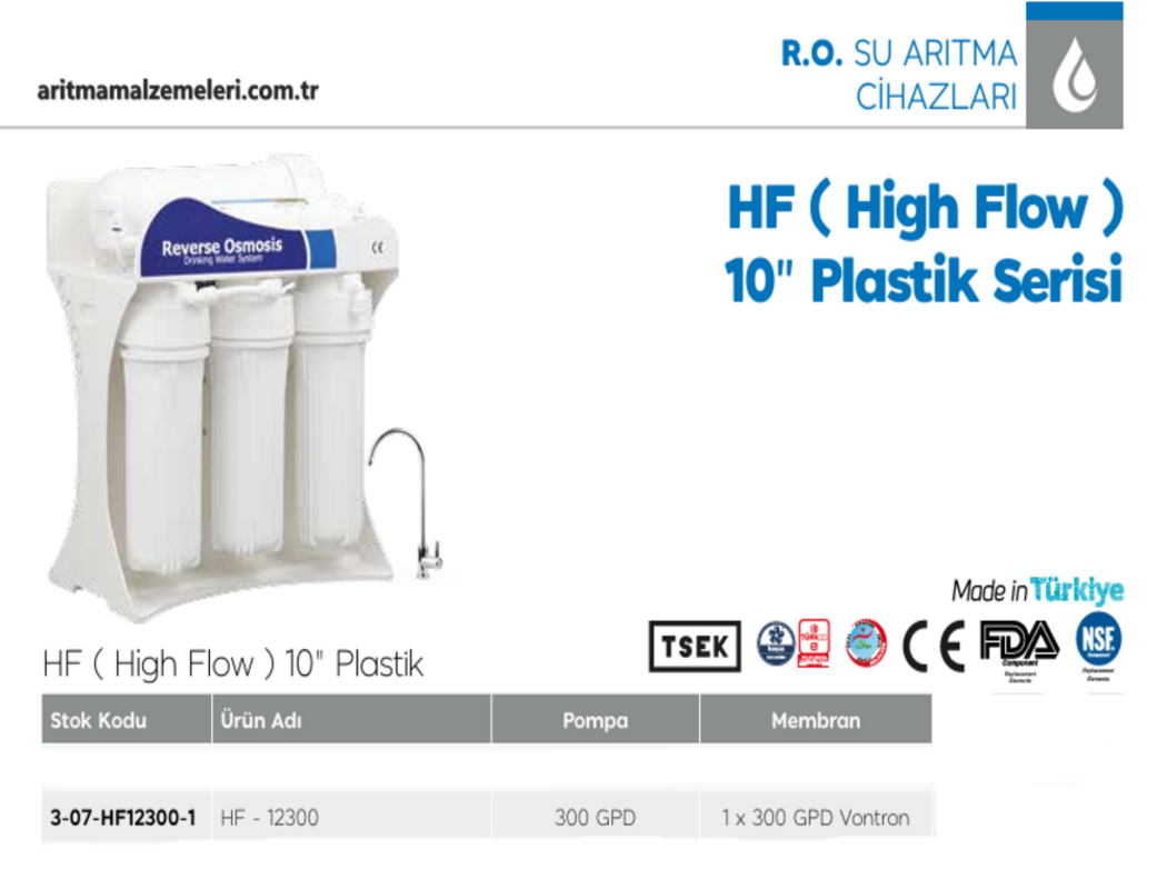 Aquaturk HF-12300-1  10'' Plastik Serisi 300 Gpd Pompalı 5 Aşamalı Direk Akış Su Arıtma Cihazı