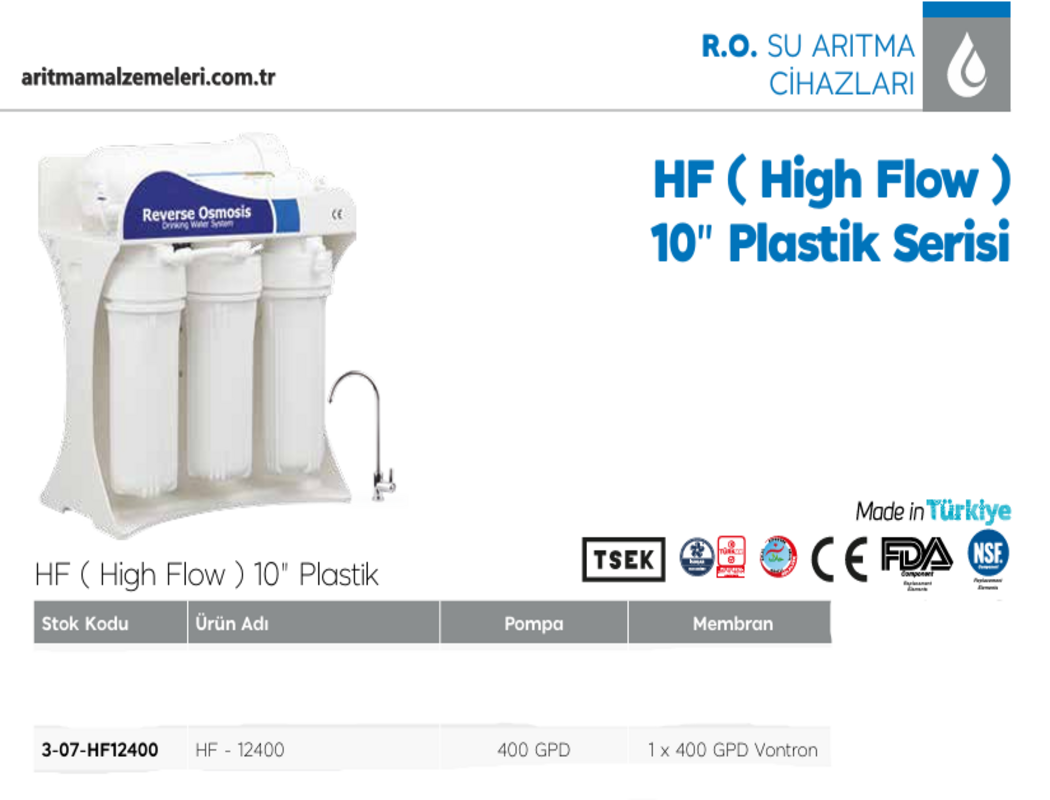 Aquaturk HF-12400  10'' Plastik Serisi 400 Gpd Pompalı 5 Aşamalı Direk Akış Su Arıtma Cihazı