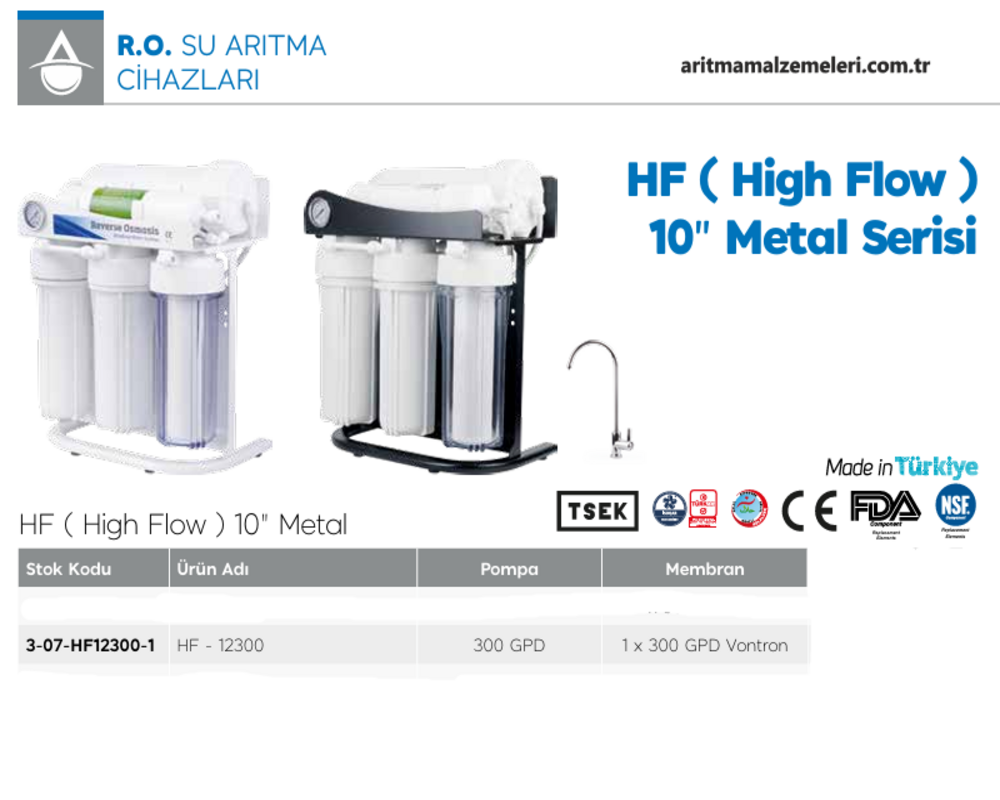 Aquaturk HF-12300-1  10'' Metal Serisi 300 Gpd Pompalı 5 Aşamalı Direk Akış Su Arıtma Cihazı