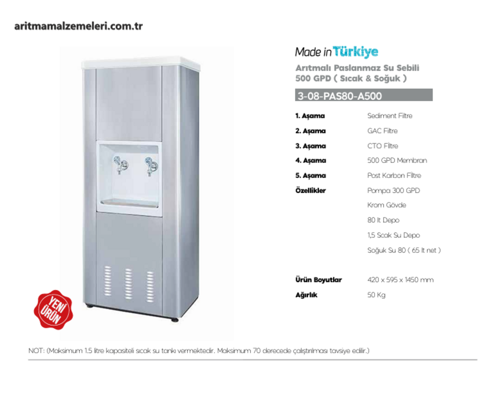 Aquaturk Arıtmalı Paslanmaz Su Sebili 500 Gpd Sıcak ve Soğuk