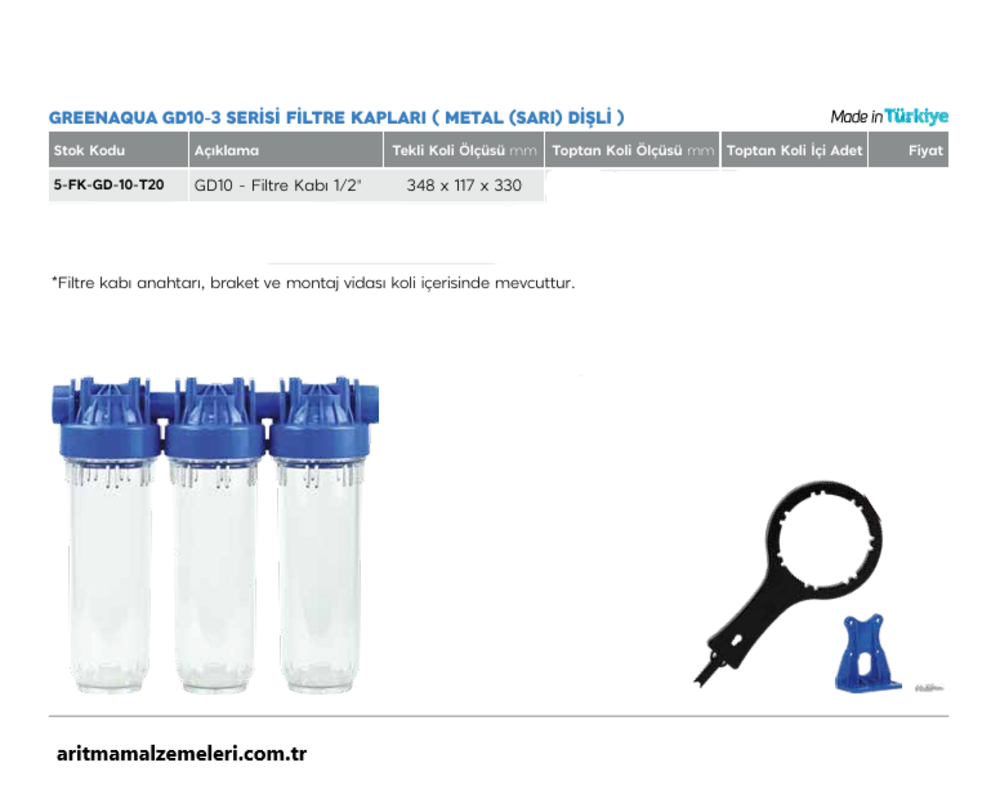 10'' Green Aqua GD10 Serisi 3'lü Filtre Kabı Metal Sarı Dişli 1/2'' (20mm.)