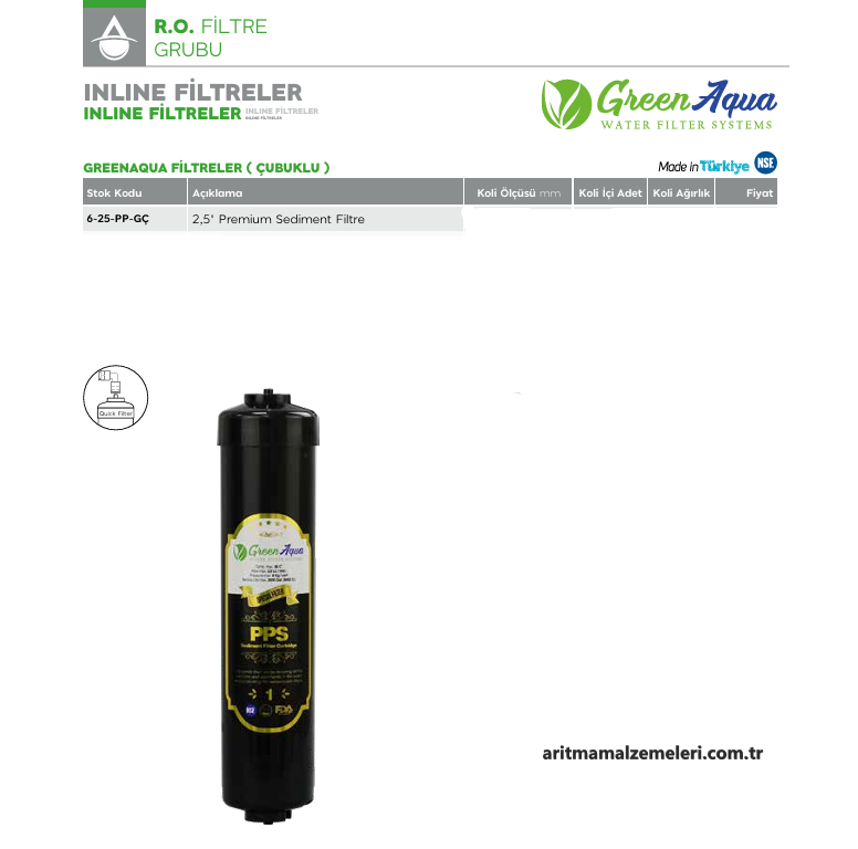 Green Aqua Filtreler Çubuklu 2,5'' Premium Sediment inline Filtre