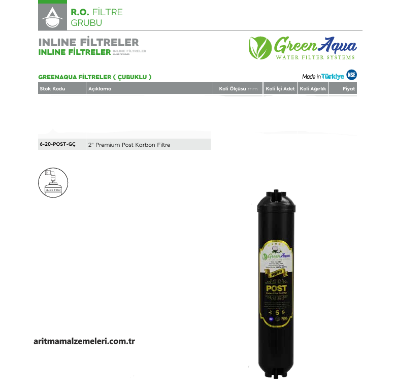 Green Aqua Filtreler Çubuklu 2'' Premium Post Karbon inline Filtre