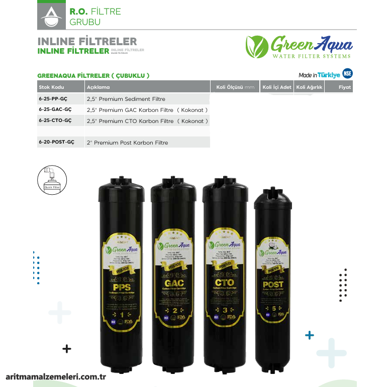 Green Aqua 4'lü Filtre Seti Çubuklu Tip Premium inline Filtreler