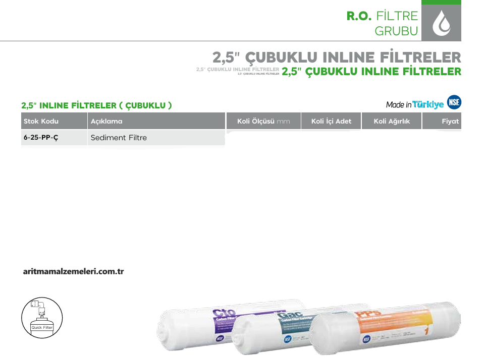 2,5'' Çubuklu inline Filtreler Yerli Ürün Sediment Filtre
