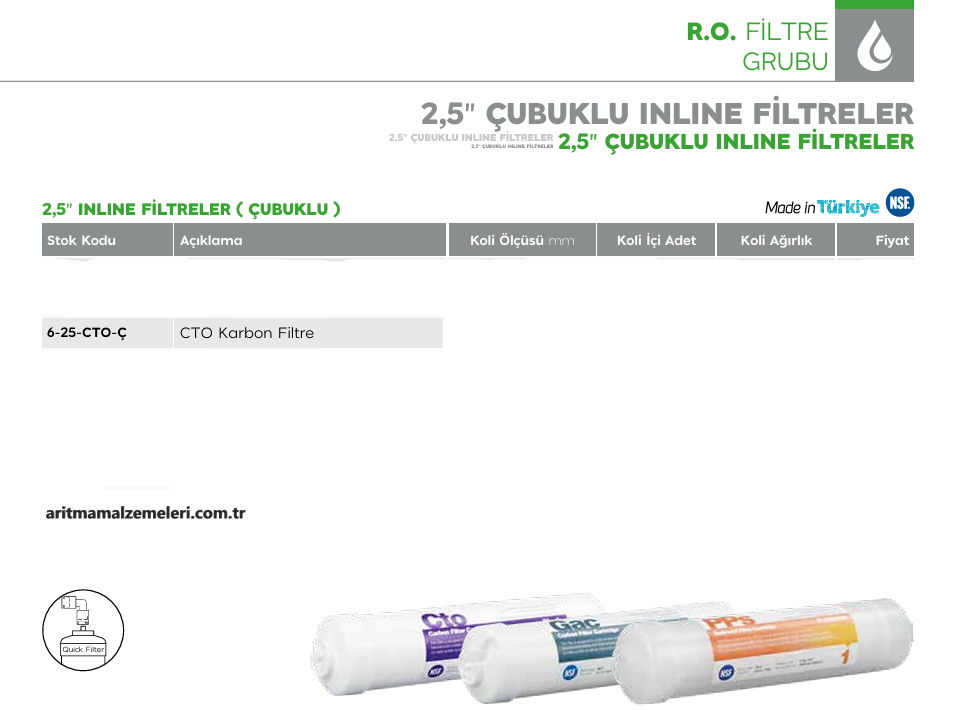 2,5'' Çubuklu inline Filtreler Yerli Ürün CTO Karbon Filtre