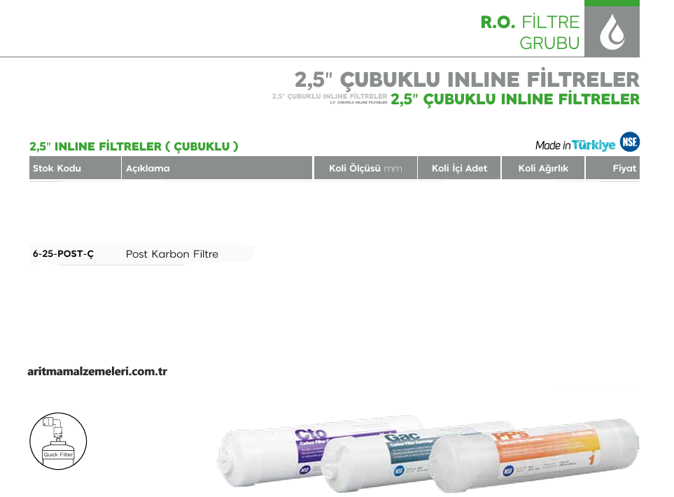 2,5'' Çubuklu inline Filtreler Yerli Ürün Post Karbon Filtre