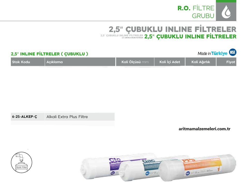 2,5'' Çubuklu inline Filtreler Yerli Ürün Alkali Extra Plus Filtre