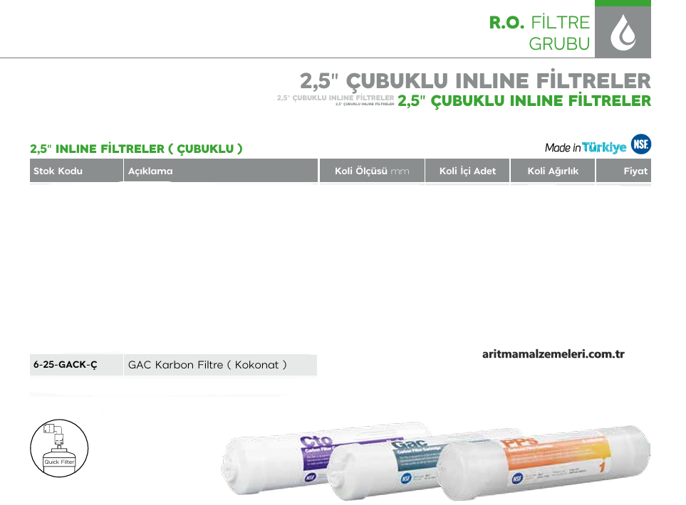 2,5'' Çubuklu inline Filtreler Yerli Ürün GAC Karbon Filtre KOKONATLI