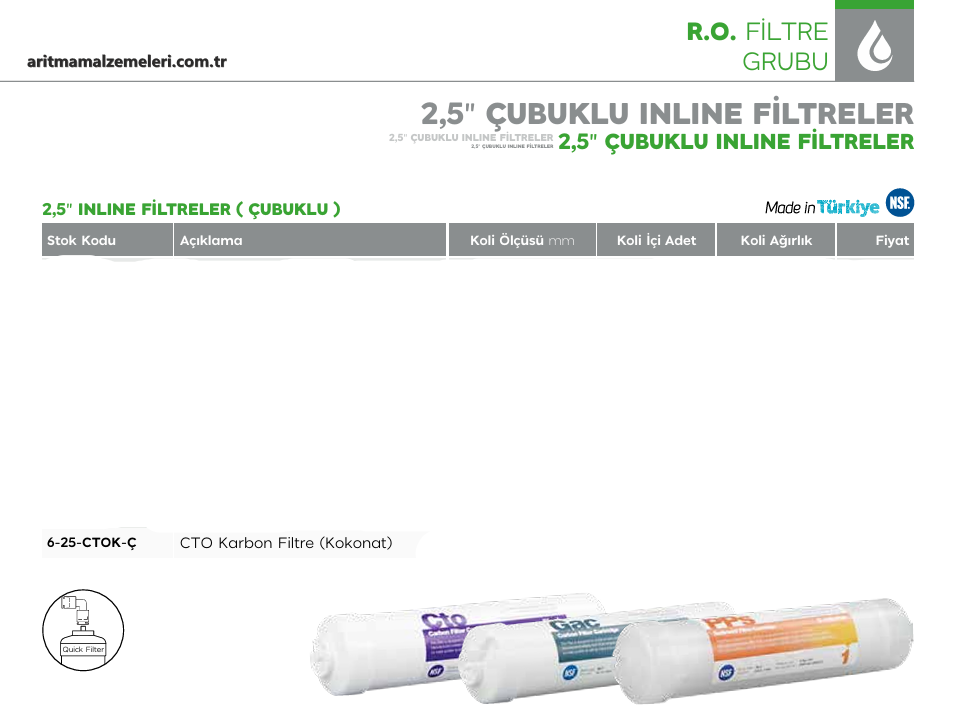 2,5'' Çubuklu inline Filtreler Yerli Ürün CTO Karbon Filtre KOKONATLI