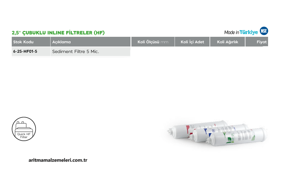 2,5'' Çubuklu inline HF Filtreler Sediment Filtre
