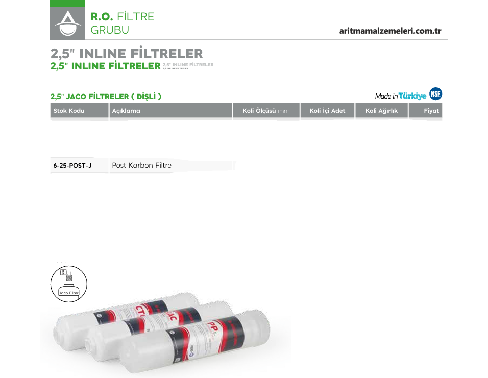 2,5'' Jaco (Dişli) inline Filtreler Post Karbon Filtre