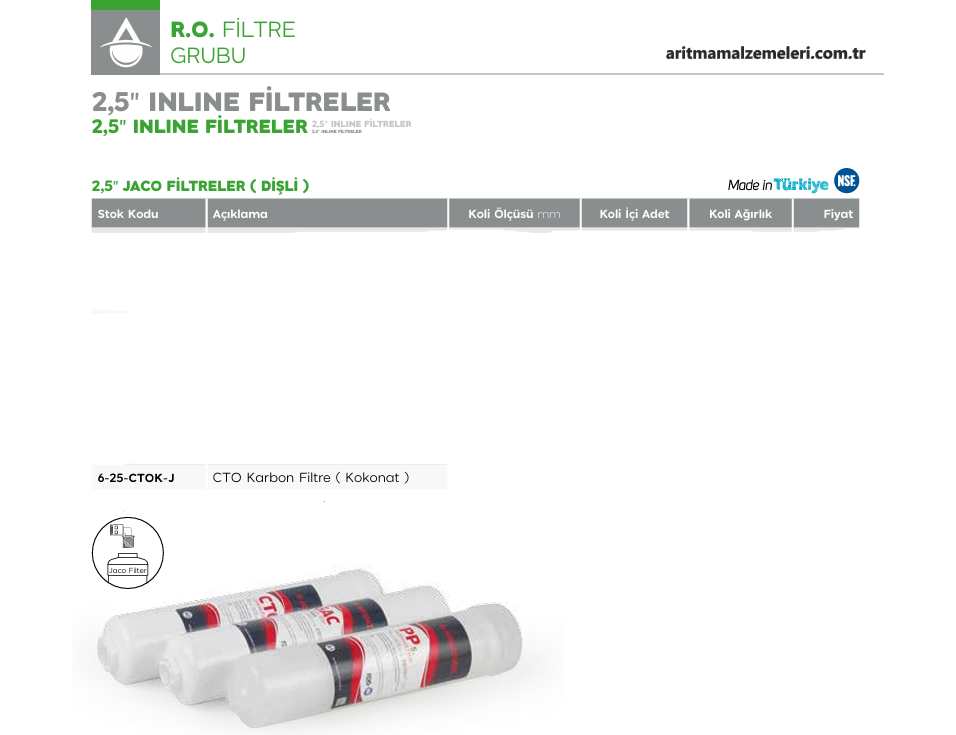 2,5'' Jaco (Dişli) inline Filtreler CTO Karbon Filtre KOKONATLI