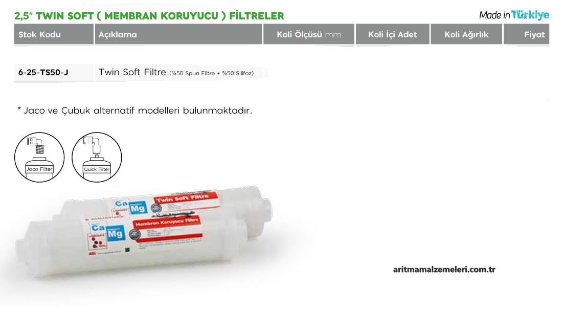 2,5'' Twin Soft Membran Koruyucu Filtre %50 Sediment Filtre + %50 SİLİFOZ Filtre