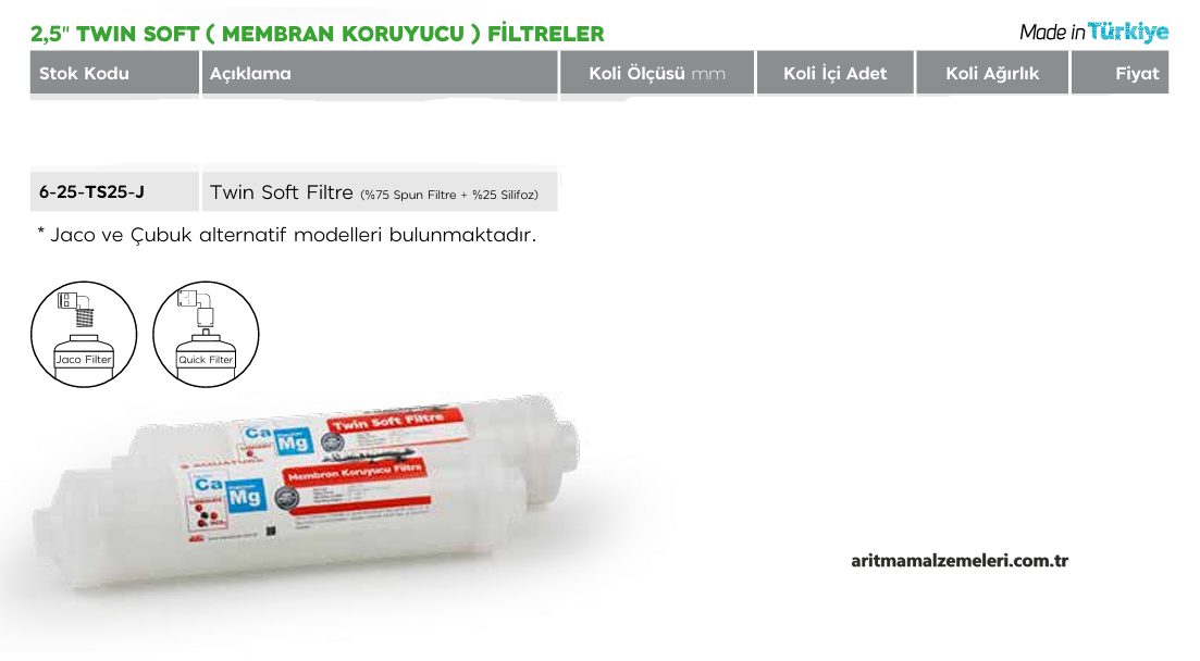 2,5'' Twin Soft Membran Koruyucu Filtre %75 Sediment Filtre + %25 SİLİFOZ Filtre