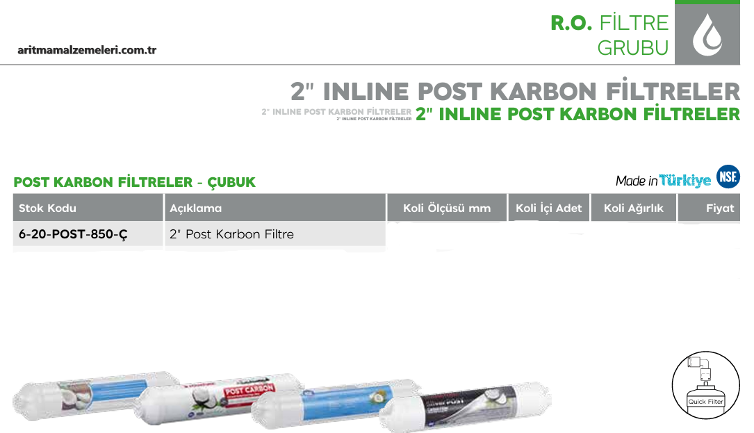 2'' inline Post Karbon Filtre Quick (Çubuklu) Tip