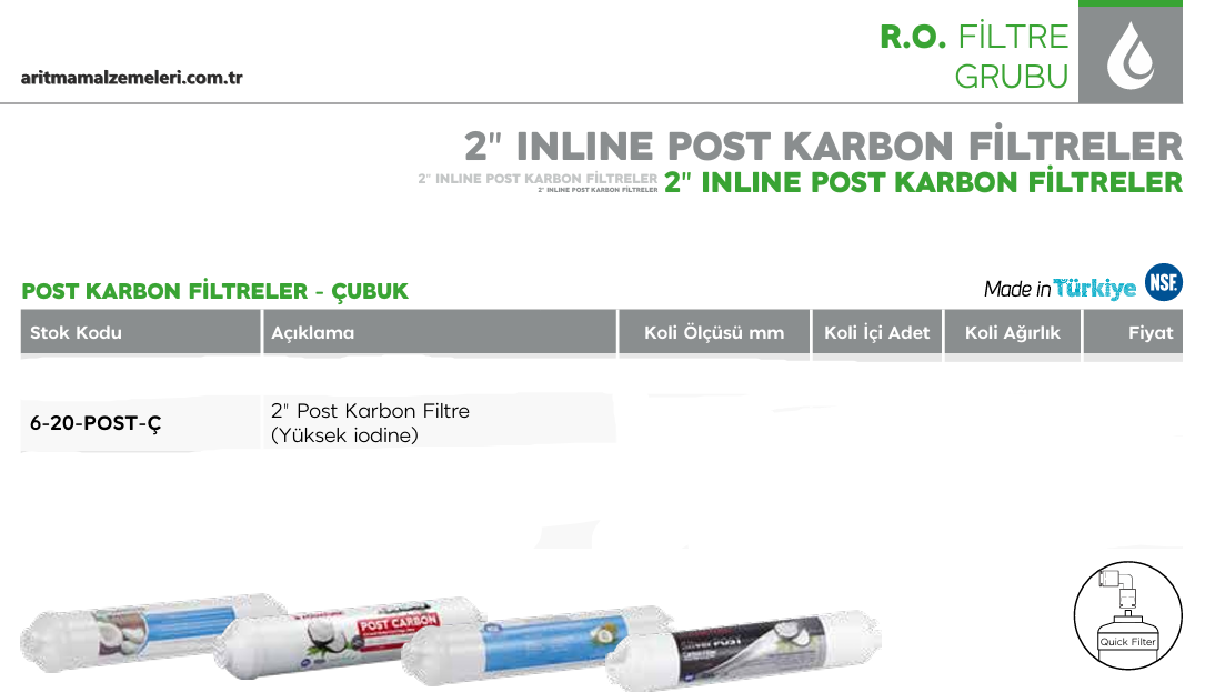 2'' inline MPH Mineralli Post Karbon Filtre Quick (Çubuklu) Tip