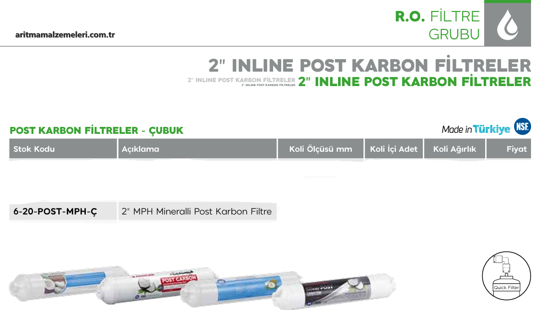 2'' inline Silver Post Karbon (Antibakteriyel Gümüş) Filtre Quick (Çubuklu) Tip