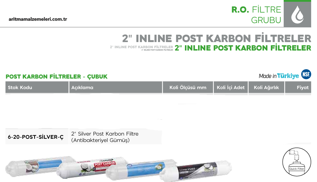 2'' inline Post Karbon KOKONATLI (CCK) Filtre Quick (Çubuklu) Tip