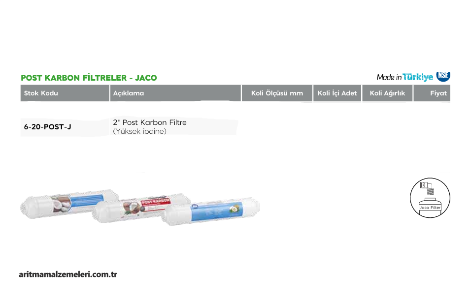 2'' Post Karbon Filtre Yüksek iodine Jaco (Dişli) Tip