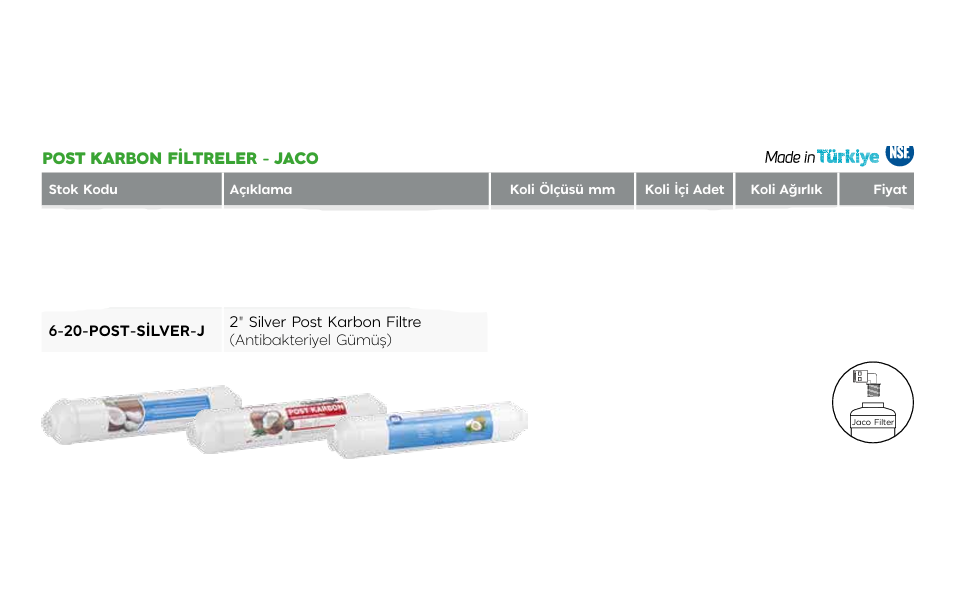 2'' Silver Post Karbon Filtre Antibakteriyel Gümüş Jaco (Dişli) Tip