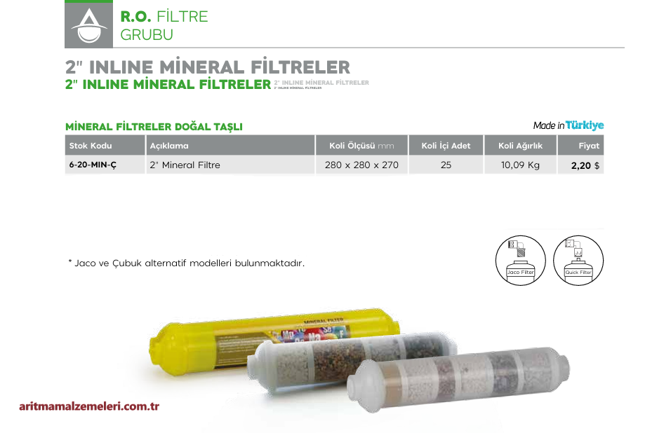 2'' inline Doğal Taşlı Mineral Filtre Quick (Çubuklu) veya Jaco (Dişli) Tip