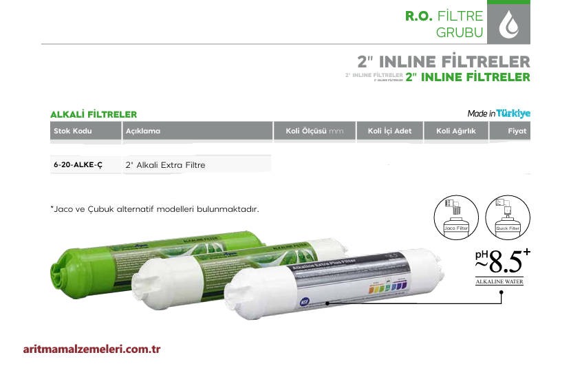 2'' inline Alkali Extra Filtre Quick (Çubuklu) veya Jaco (Dişli) Tip