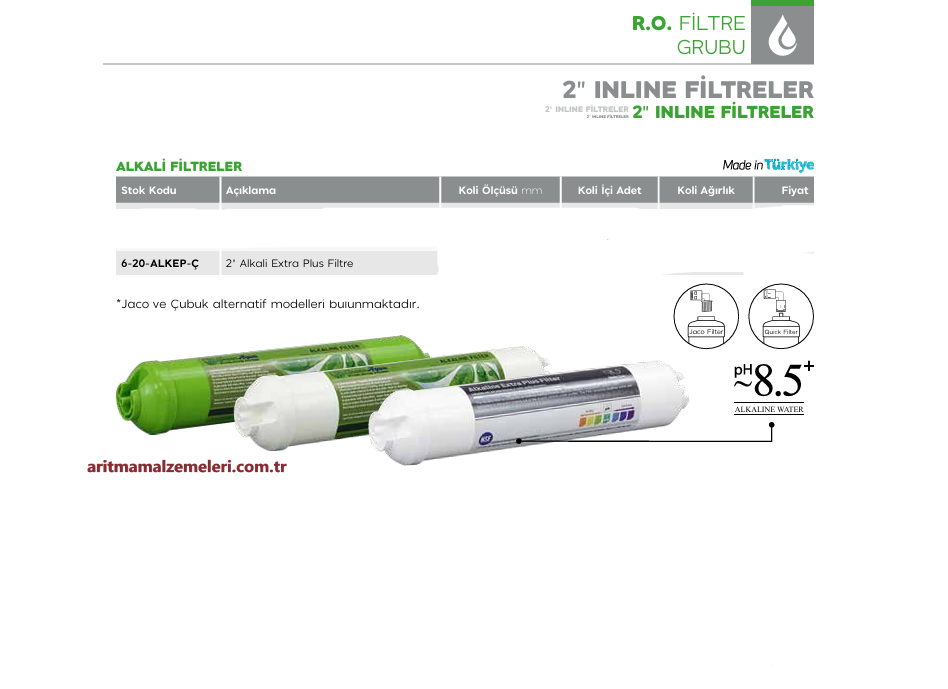 2'' inline Alkali Extra Plus Filtre Quick (Çubuklu) veya Jaco (Dişli) Tip